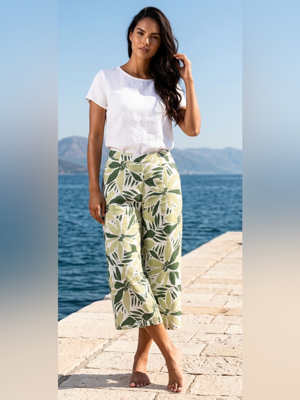 Nicole Miller 100% Linen Wide-Leg Cropped Pants Green & White Tropical SZ XL EU